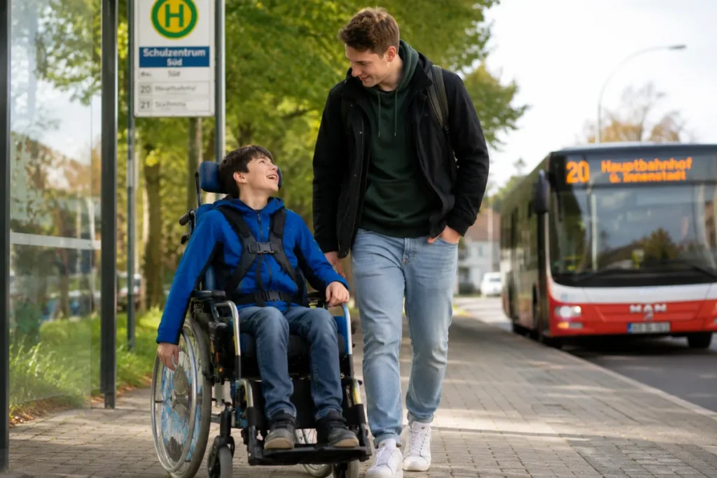Junge im Rollstuhl mit Assistent an der Bushaltestelle